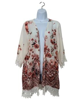 Gypsies & Moondust Floral Lace Trim Boho Kimono Cardigan SzL